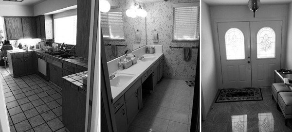 Before shots of the kitchen, master bathroom, and front entryway