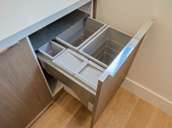Custom drawer with separate bins for waste, recycling, and compost