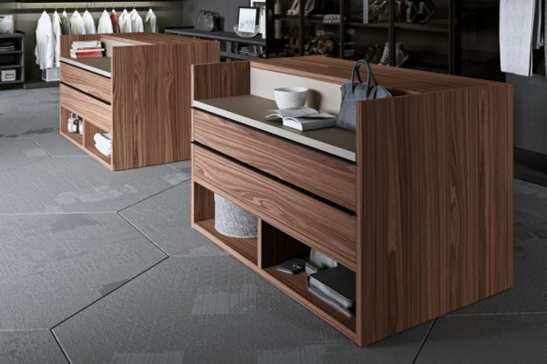 A closet island could have drawers, shelves, or cabinets.