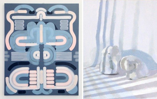 Right, Socked In, 2015, by Lily Stockman. Oil on Indian linen, 60 x 48 inches. Left, Cover Up, 2014, by Sara Dykstra. Oil on Linen, 20 x 16 inches.