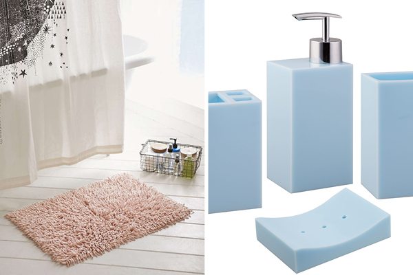 Left, the High Pile Shag Bath Mat from Urban Outfitters. Right, the Paragon 4-Piece Bath Accessory set from WayFair.