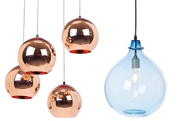 Left, Copper Glass Ball Pendant Lamp by Tom Dixon. Right, Jug Lamp in Sky from Cisco Home.