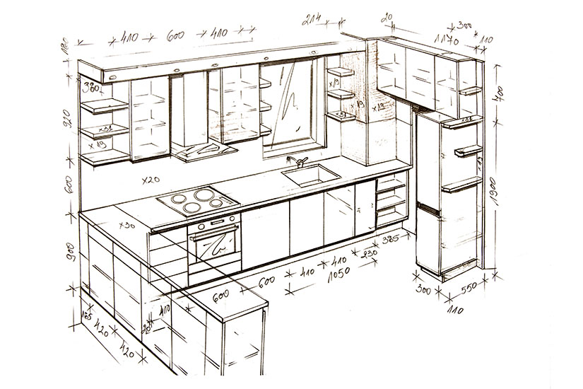 Hand-drawn illustration of a kitchen layout