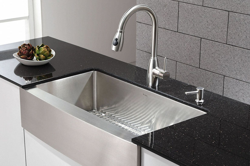 modern kitchen with stainless farm sink