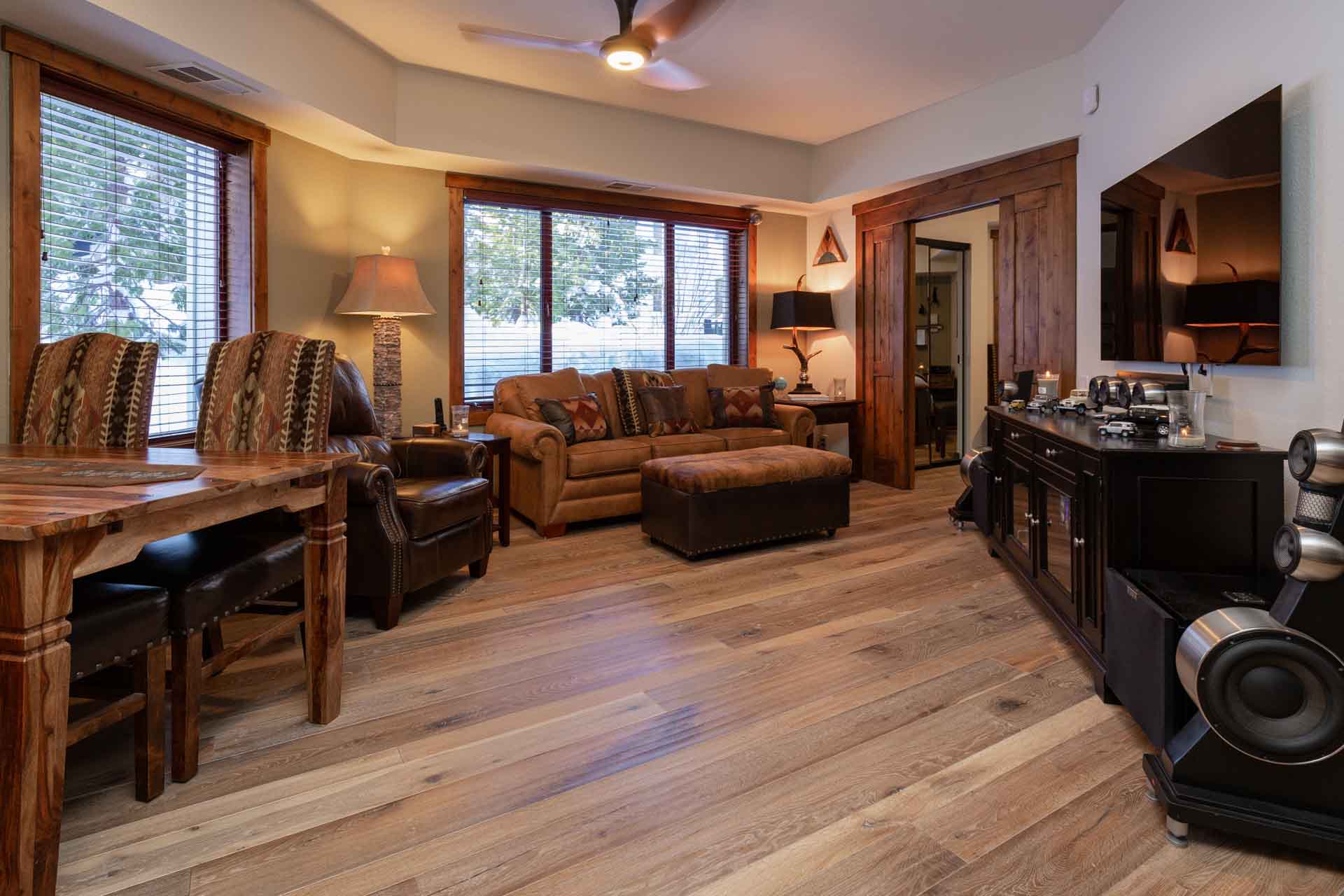 Engineered hardwood flooring in rustic Lake Tahoe condo