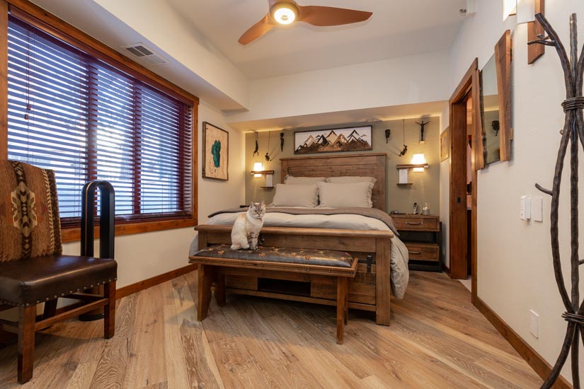 Engineered hardwood flooring in bedroom of rustic Lake Tahoe condo