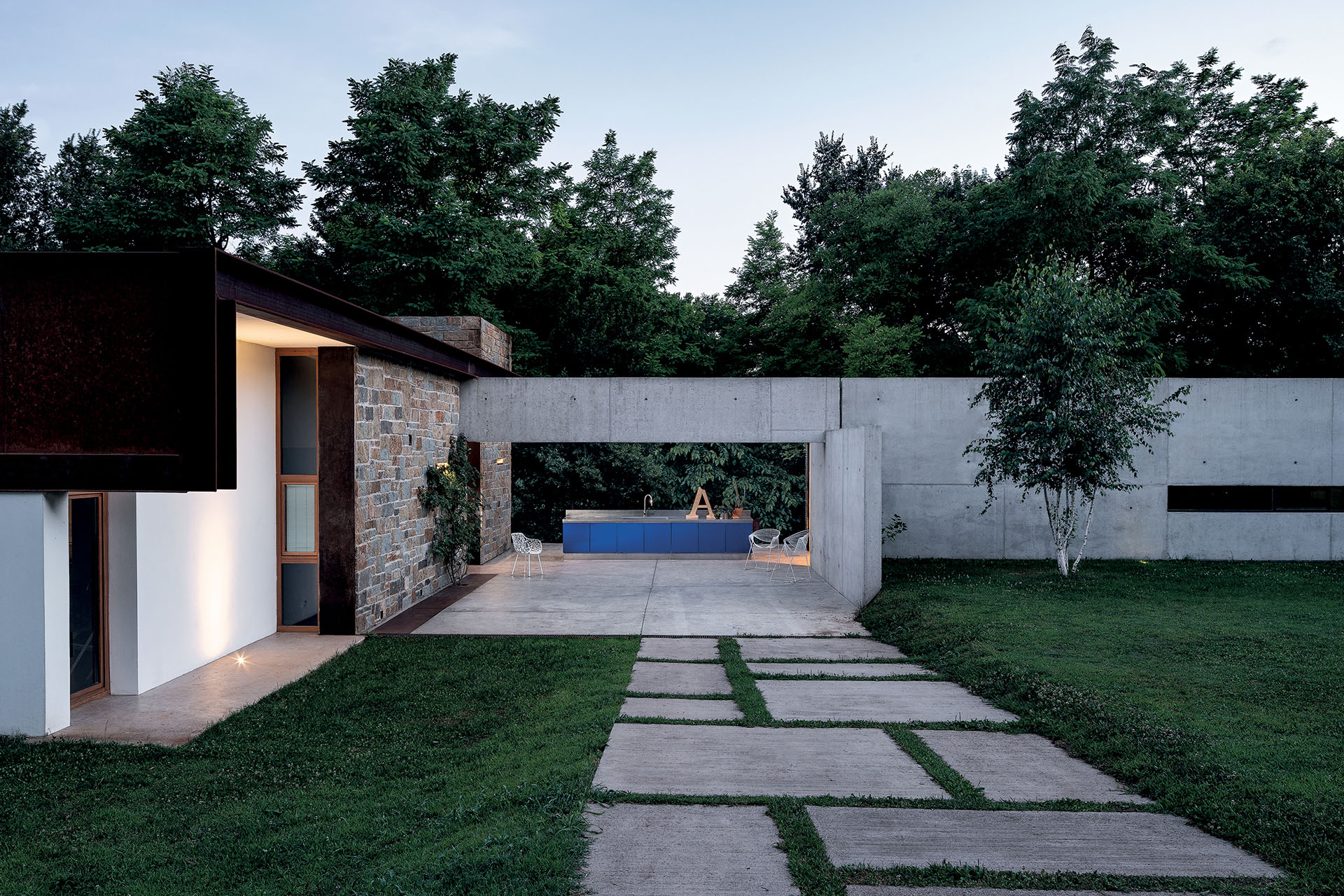 Stainless steel outdoor kitchen with blue finish