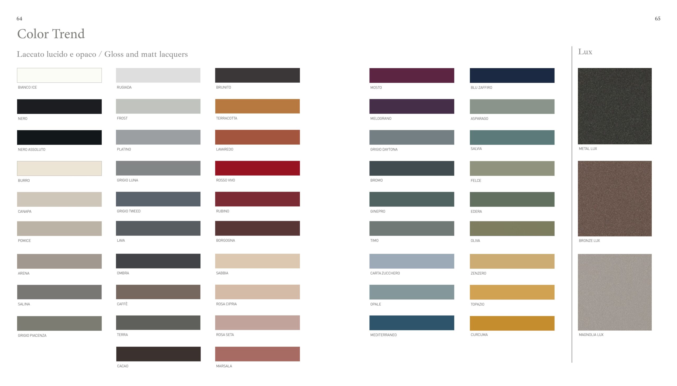 Stosa Color Trend lacquer finish swatches featuring a wide range of gloss and matte kitchen cabinet colors.