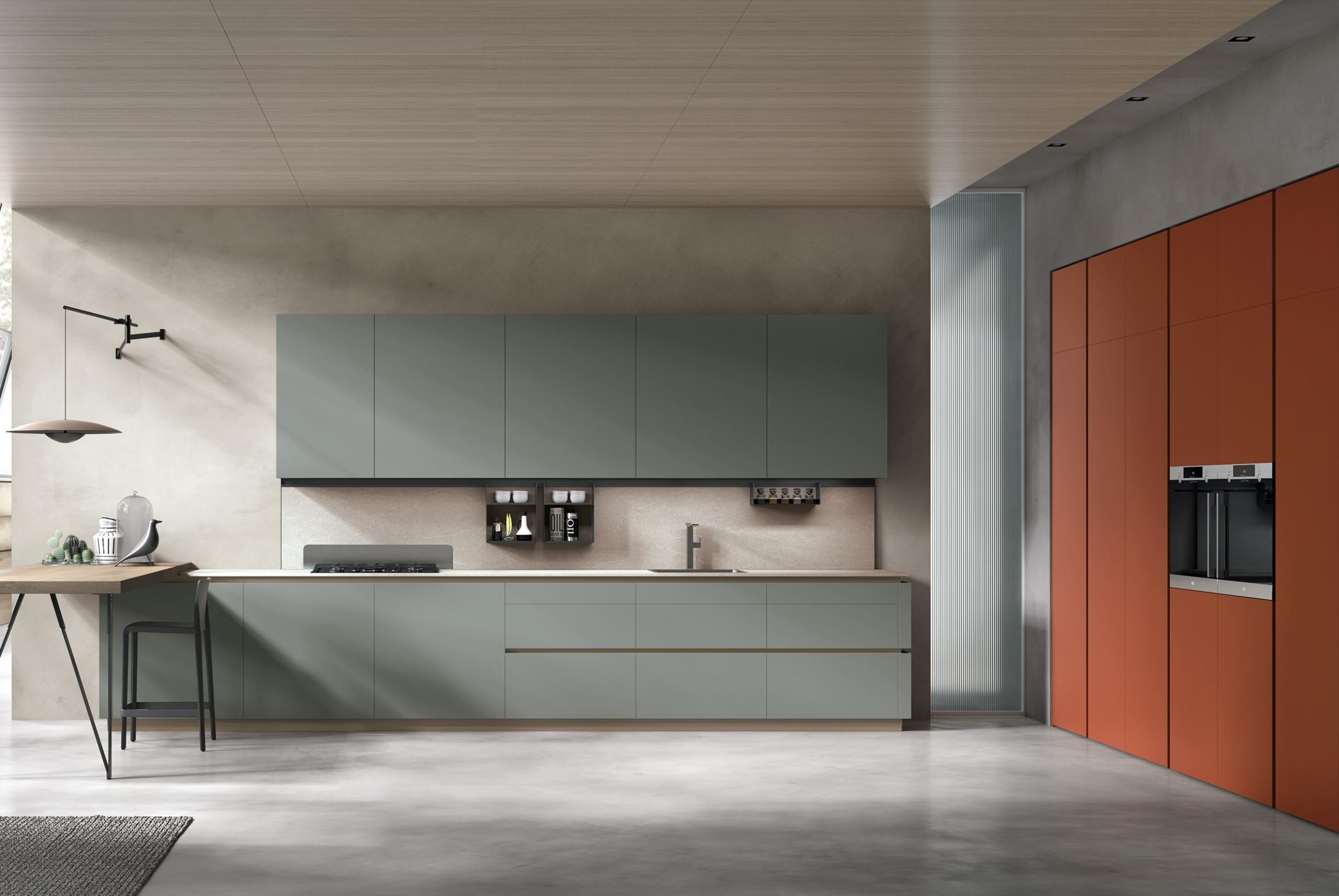 Modern kitchen featuring muted green base cabinets, terracotta tall cabinets, and minimalist Italian design details.