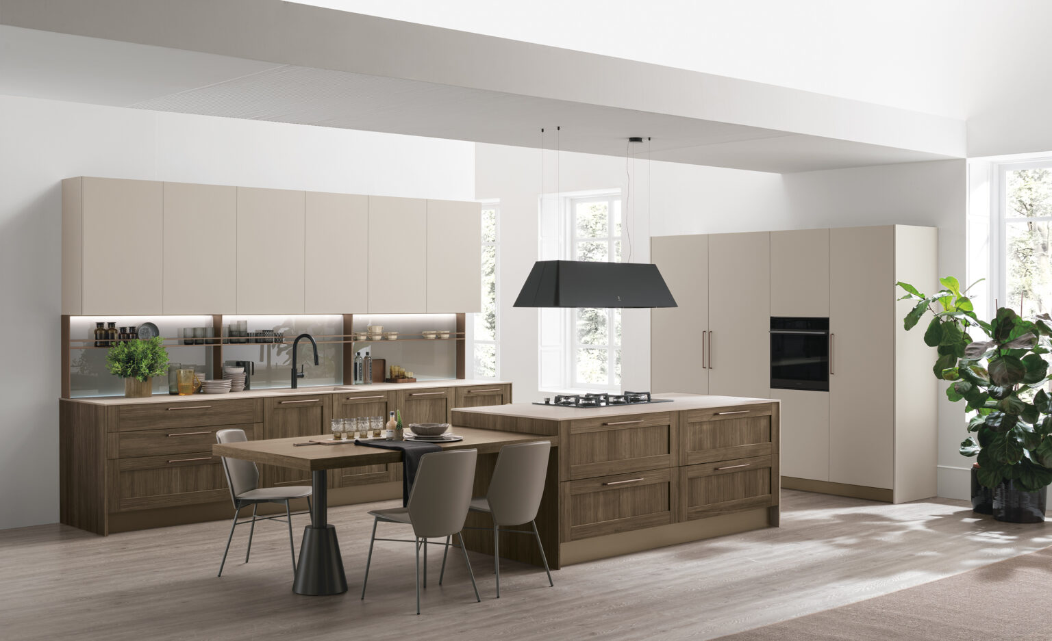 Modern Italian kitchen with beige upper cabinets, wood-grain lower cabinets, a matching island and dining table, and large windows.