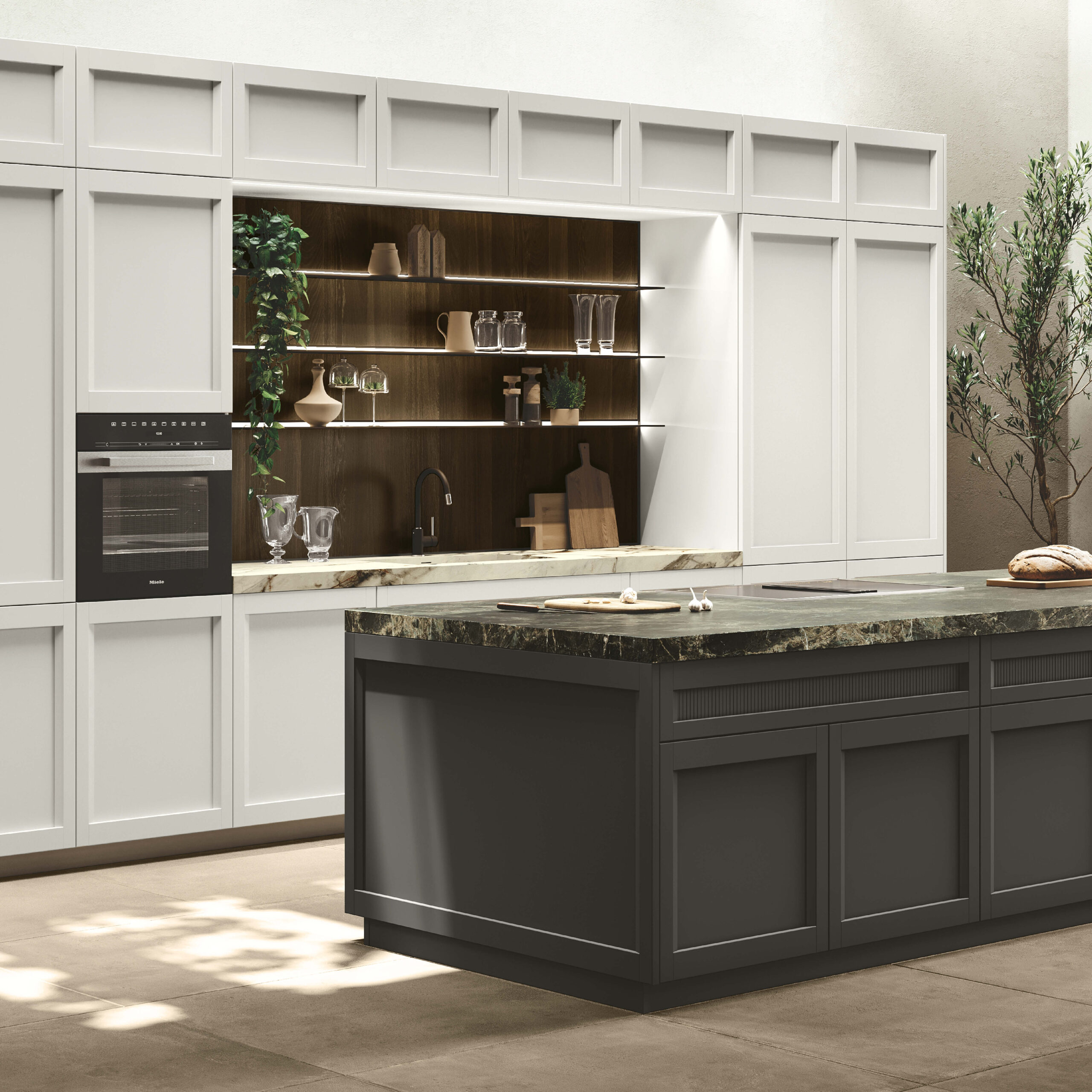 Contemporary kitchen with white framed cabinets, a dark grey island, stone countertops and illuminated wood shelving.