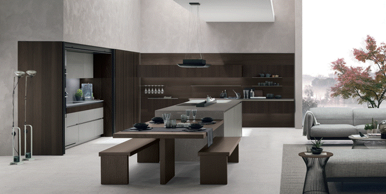 Open-plan kitchen with dark wood cabinetry, a stone-topped island and a wood dining table with benches.